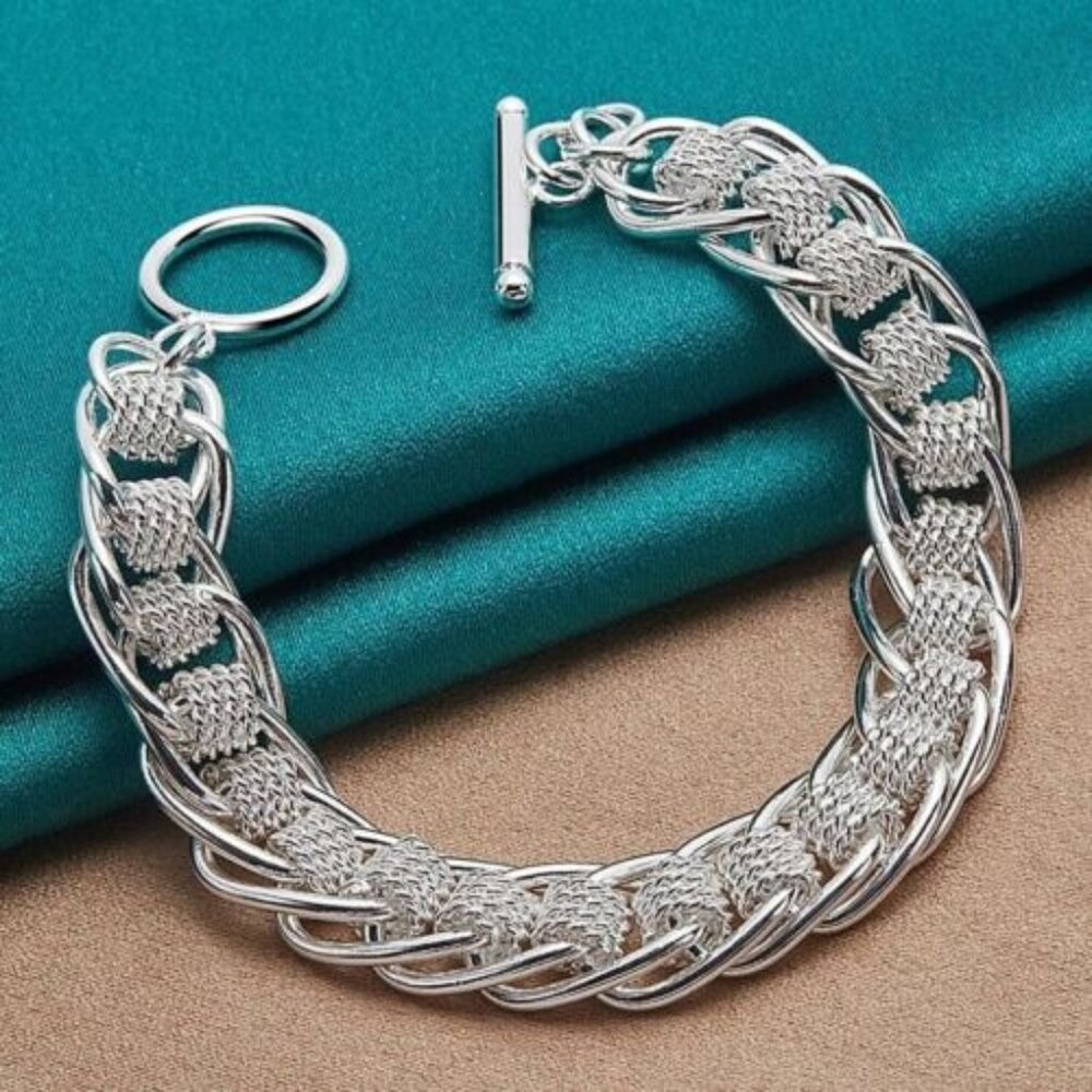 925 Sterling Silver Plated Many Circle Charm Chain Bracelet 7.5 long